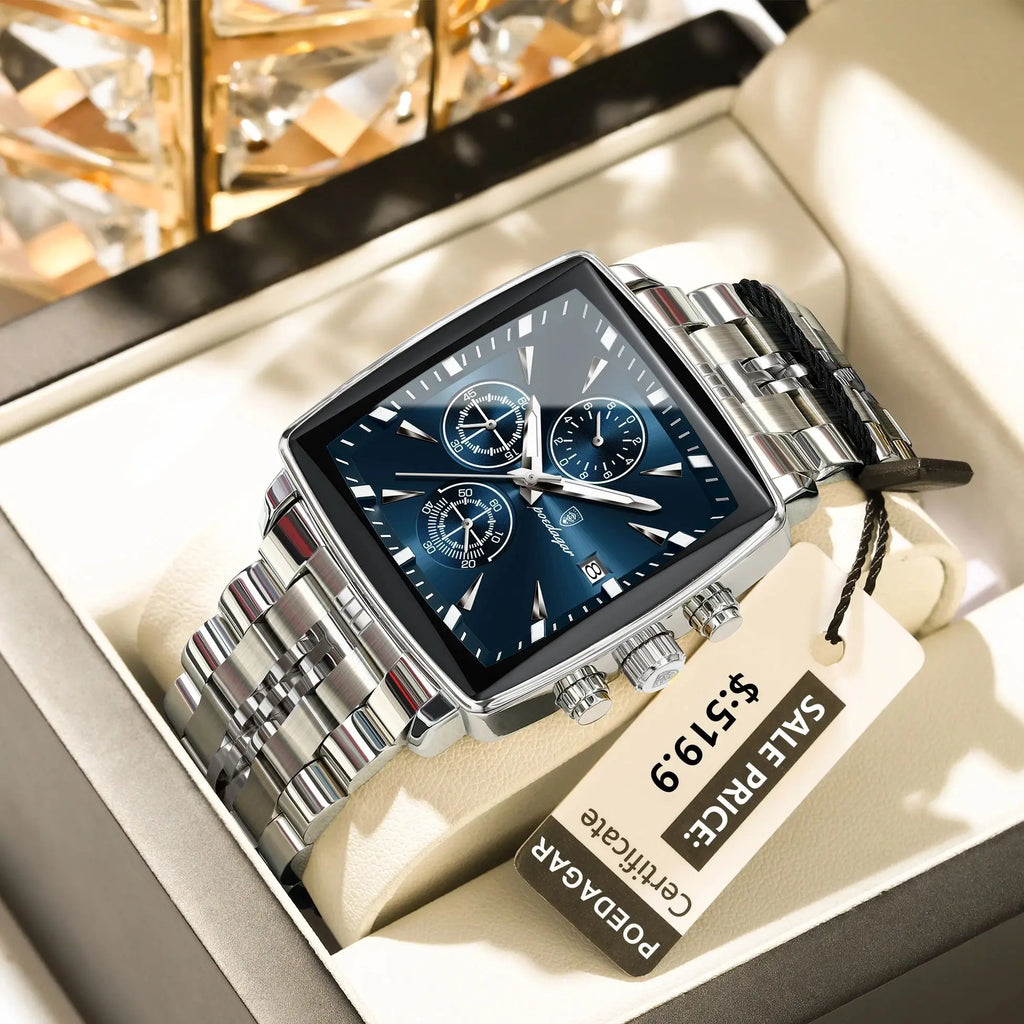 POEDAGAR square men's watch in a gift box, featuring a blue dial, chronograph subdials, and a silver stainless steel strap.
