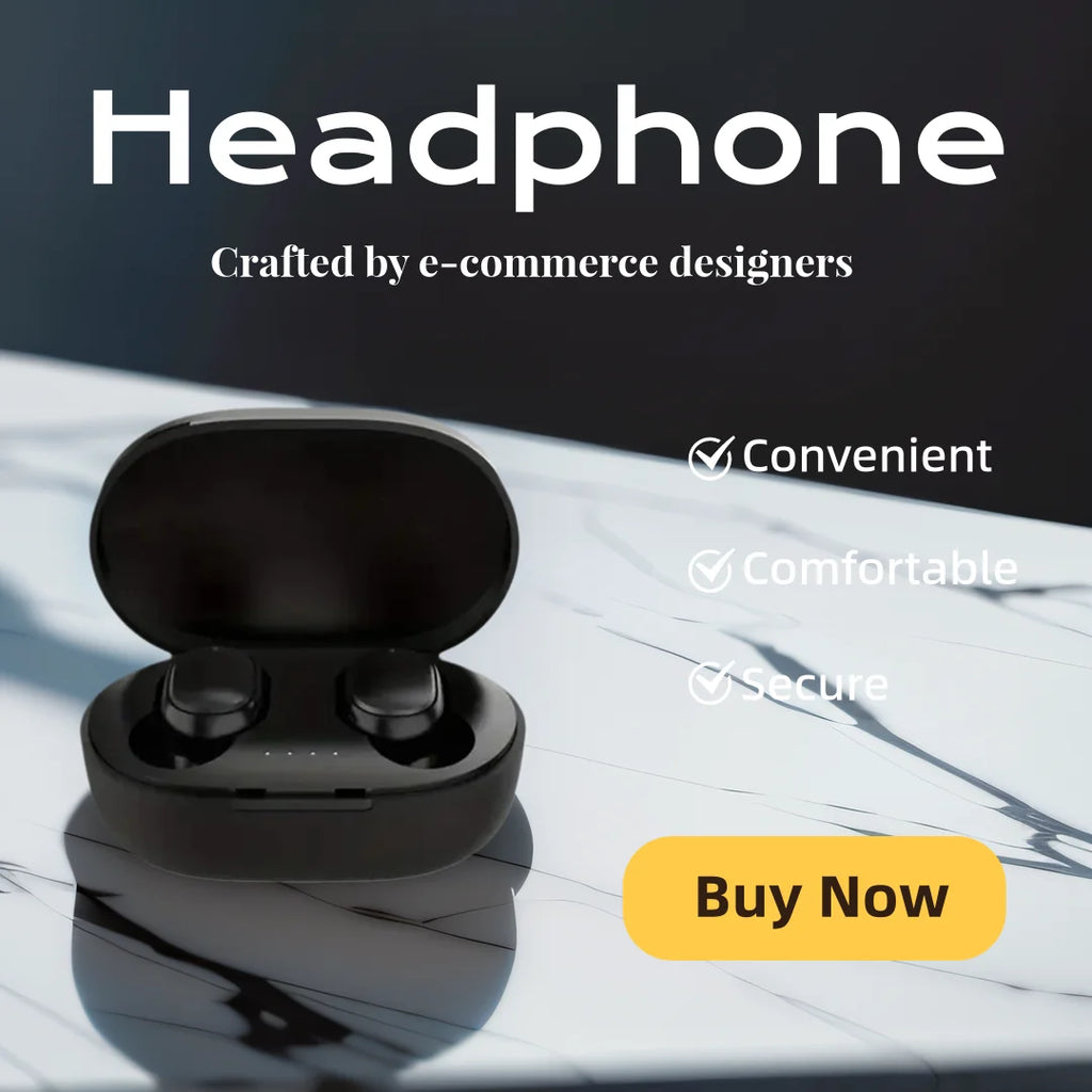 Black wireless earbuds in an open charging case, displayed on a white marble-patterned surface.