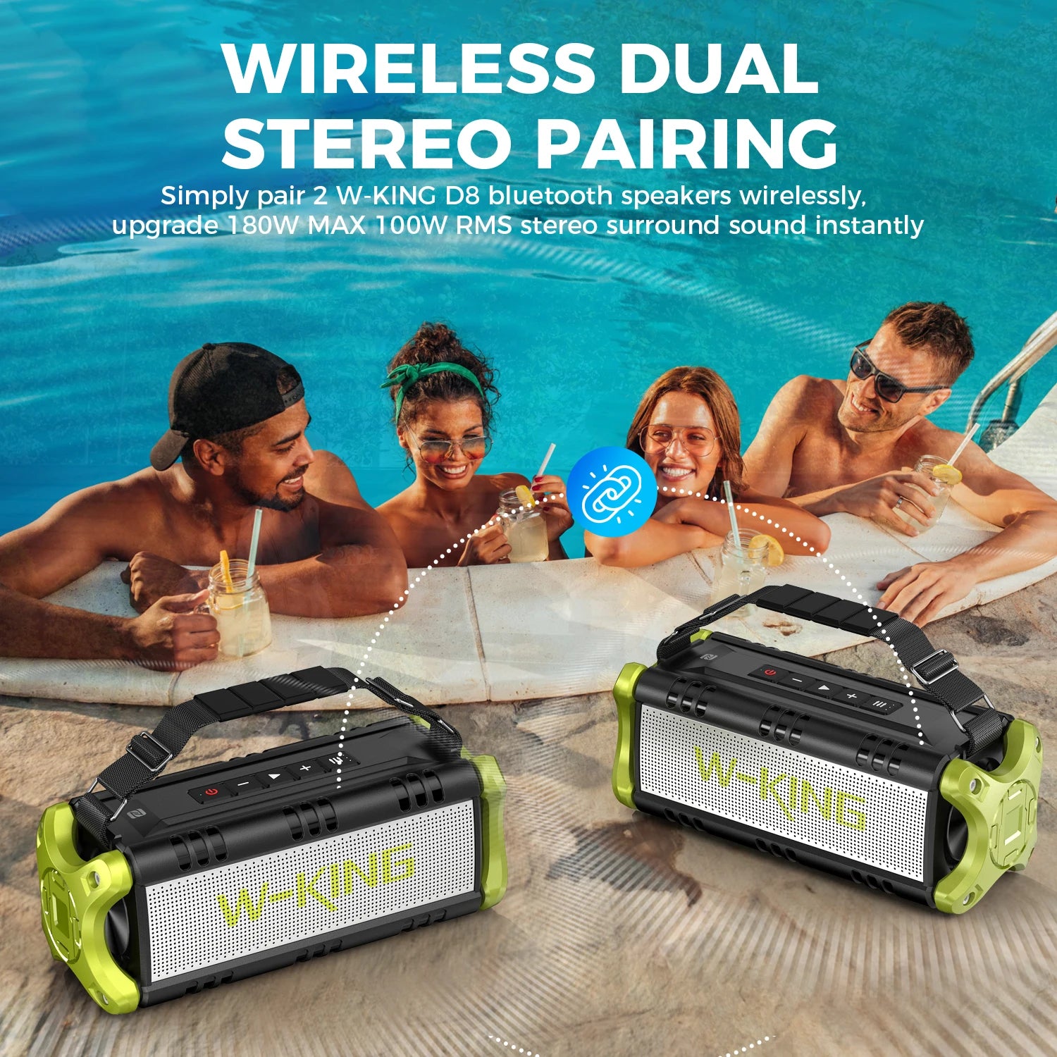 Two rugged, portable black and lime green waterproof speakers by a pool, shown paired for wireless stereo sound.