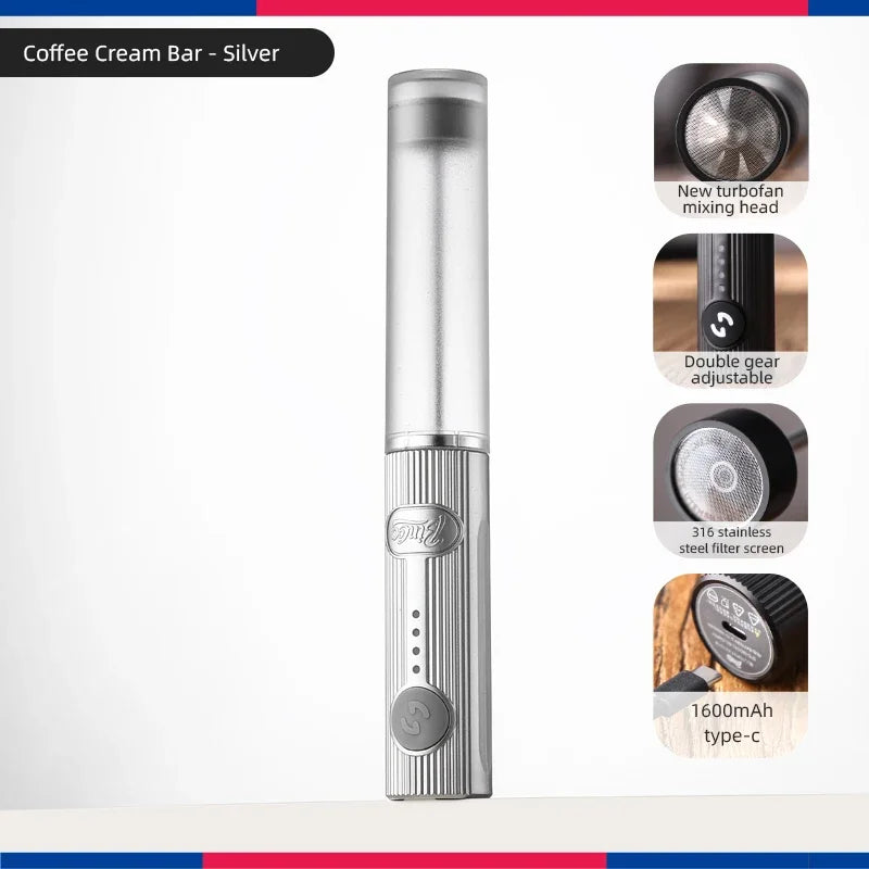 Silver cylindrical handheld coffee frother with a ribbed metal handle, turbofan mixing head, and Type-C charging.