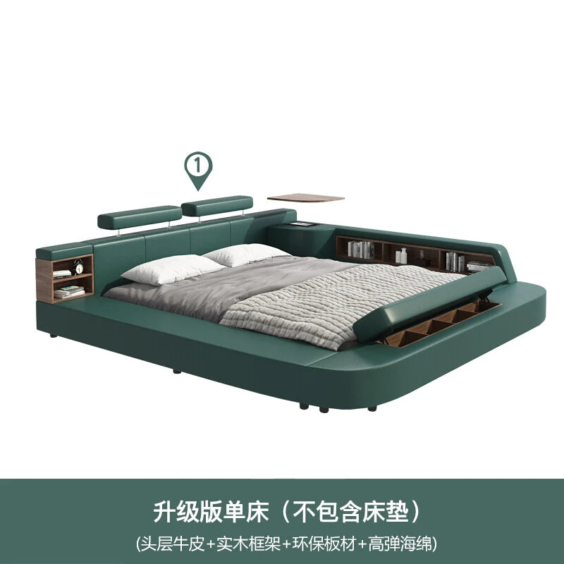 Modern forest green upholstered bed with built-in side shelves, integrated storage, and adjustable headrest cushions.