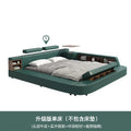 Modern forest green upholstered bed with built-in side shelves, integrated storage, and adjustable headrest cushions.