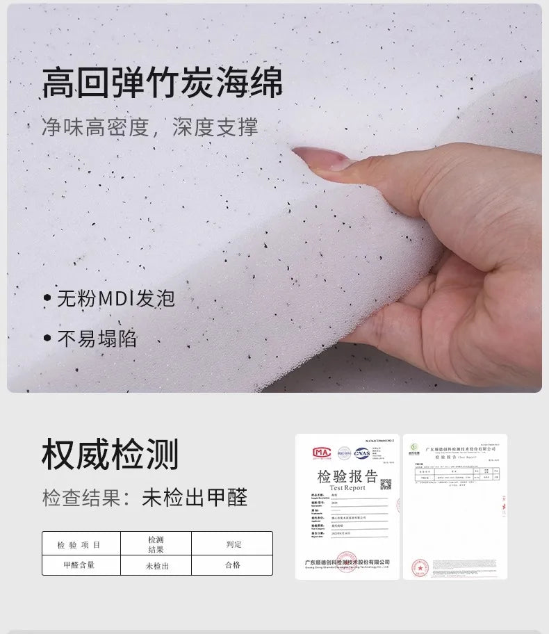 Hand holding a piece of white, speckled high-density foam next to a formal safety test report.