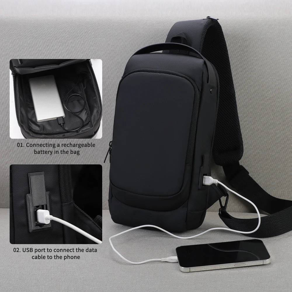 Black waterproof crossbody sling bag with a built-in USB charging port and a pocket for a power bank.