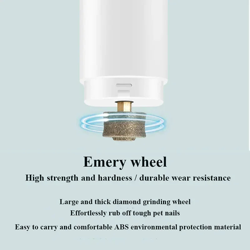 White electric pet nail grinder featuring a durable, coarse diamond-grit emery wheel for effective nail trimming.