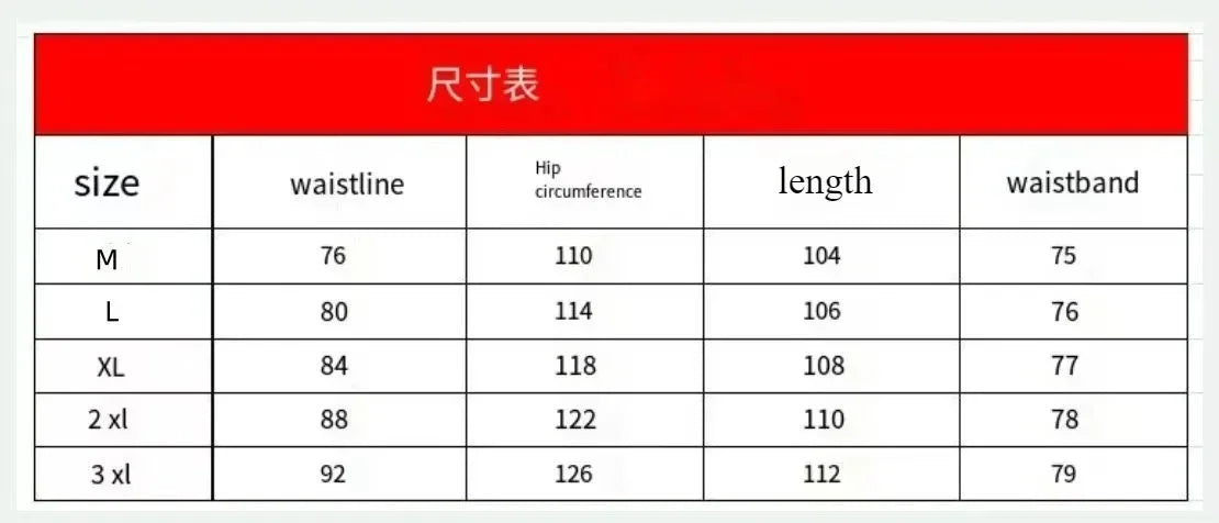 Size guide table for men’s casual workwear trousers showing waist, hip, and length measurements in centimetres.