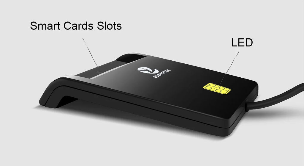 Black plastic Zoweetek smart card reader with an LED indicator, card slot, and connected cable.