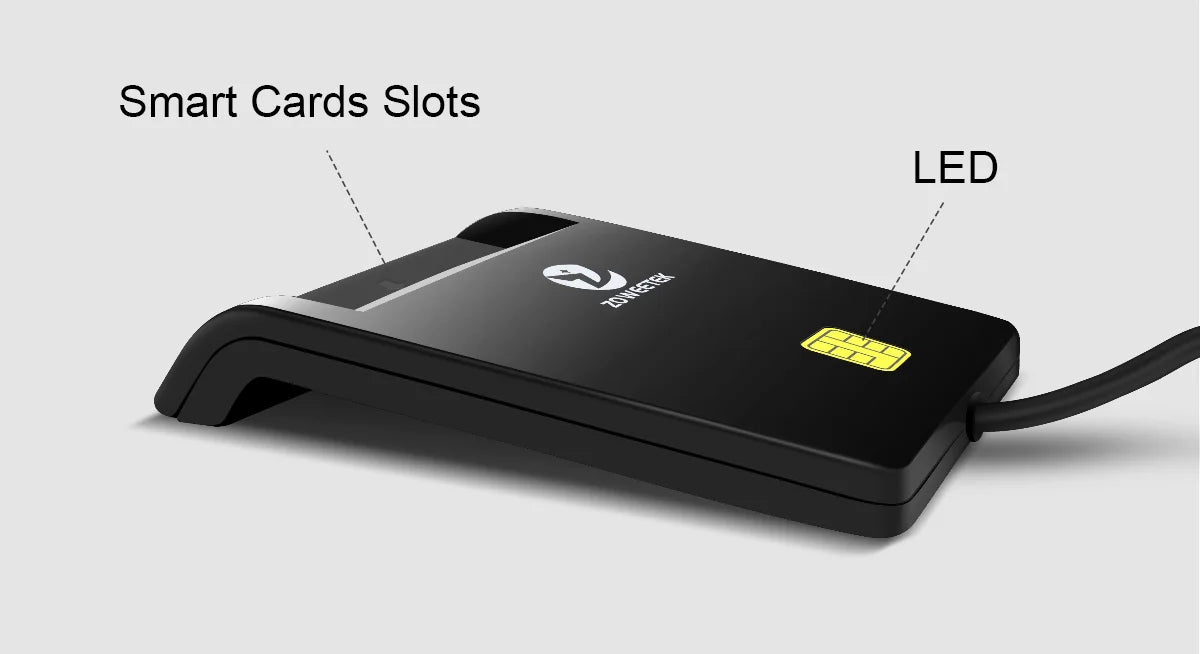 Black plastic Zoweetek smart card reader with an LED indicator, card slot, and connected cable.