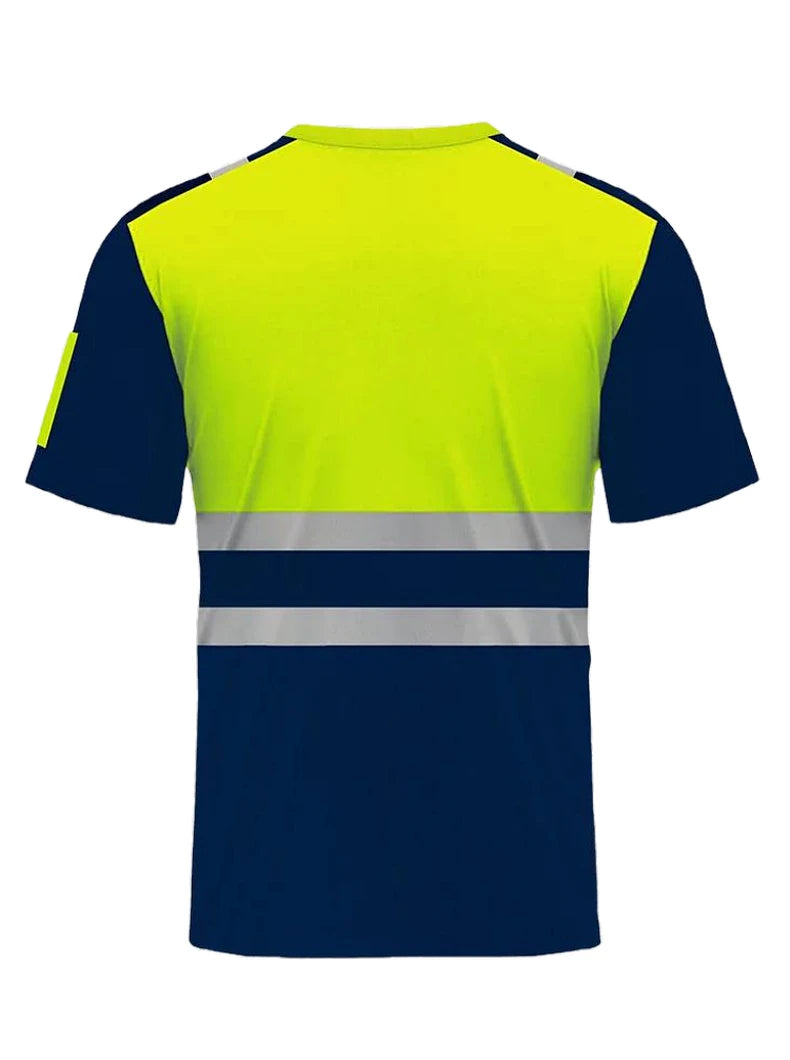 Men’s short-sleeve hi-vis work shirt in yellow and navy, featuring reflective tape across the chest and back.