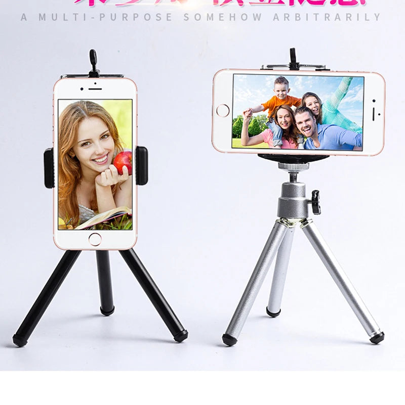 Two portable smartphone tripods in black and silver, featuring adjustable mounts for portrait or landscape orientation.