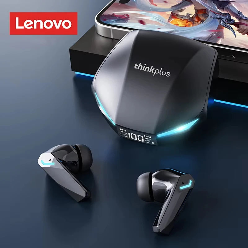 Black wireless gaming earbuds with a charging case featuring a digital battery display and blue LED lighting accents.