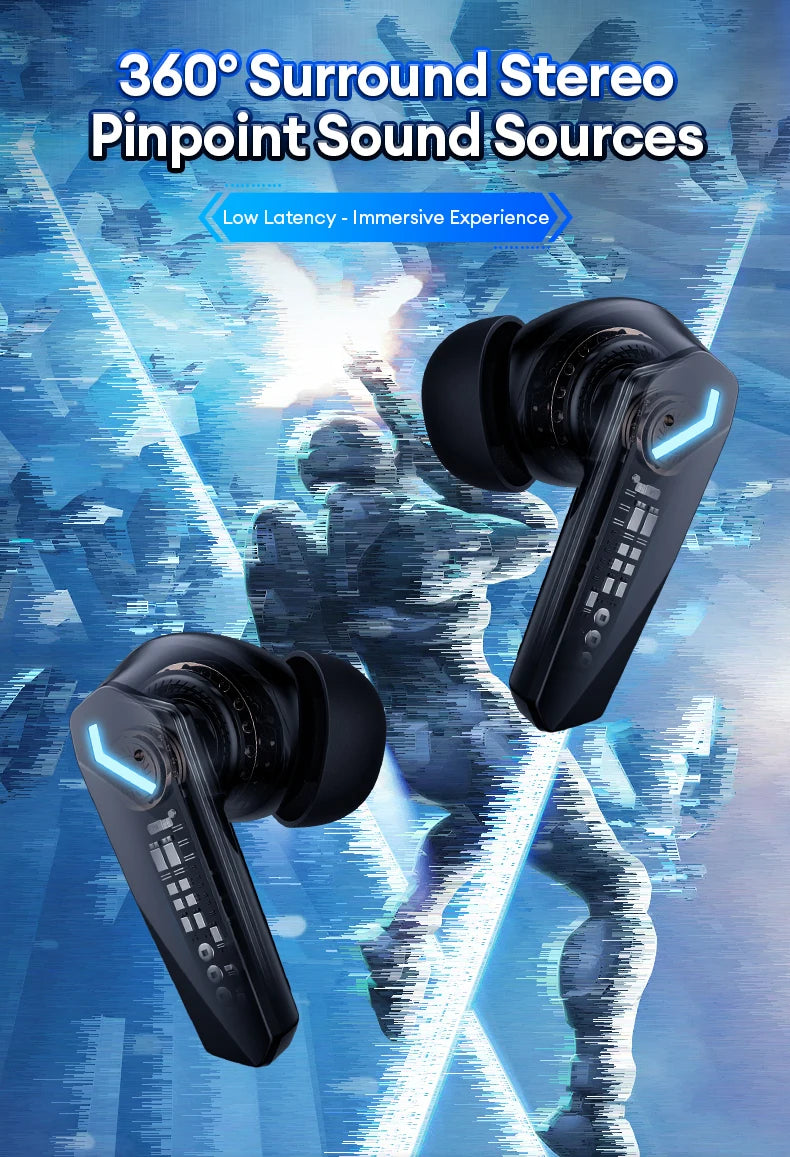 Black wireless gaming earbuds with a sleek, angular design, transparent casing, and glowing blue LED accents.