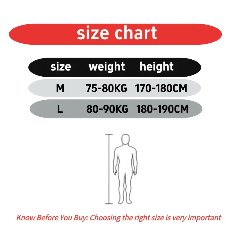 Size chart for medium and large clothing, showing weight and height requirements with a body outline illustration.