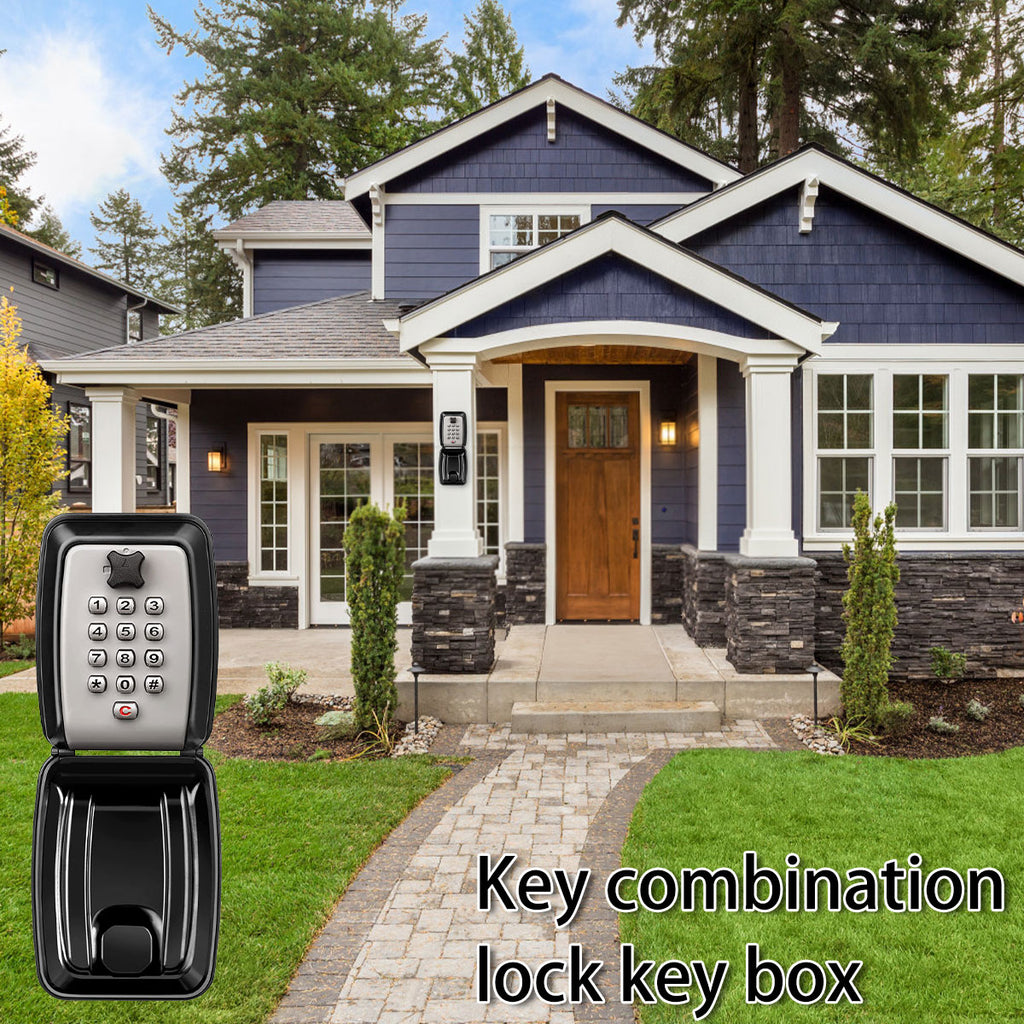 Black metal wall-mounted key lock box with a keypad combination lock, displayed against a house exterior.