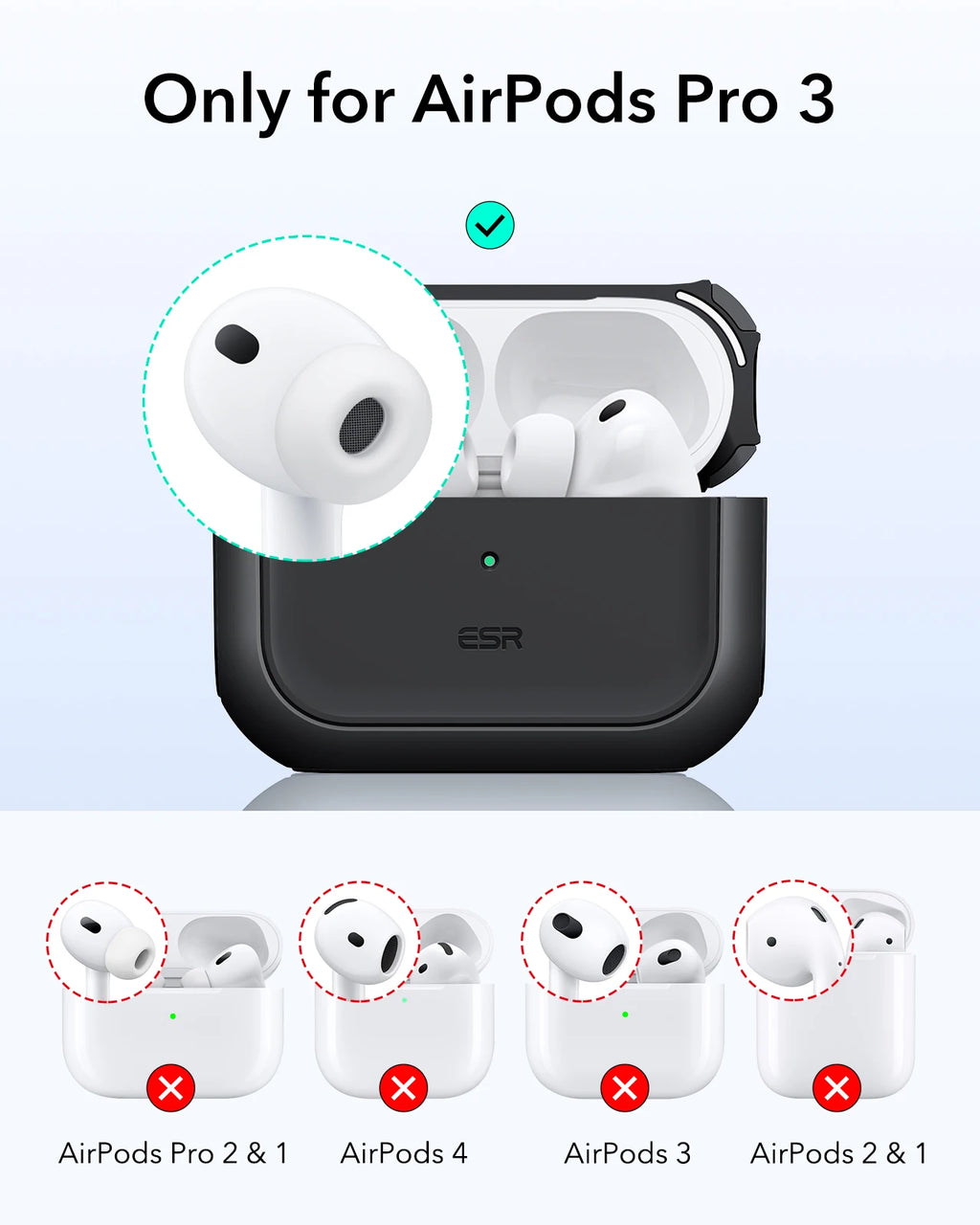 Matte black silicone protective case for AirPods Pro 3. Compatible exclusively with AirPods Pro 3.