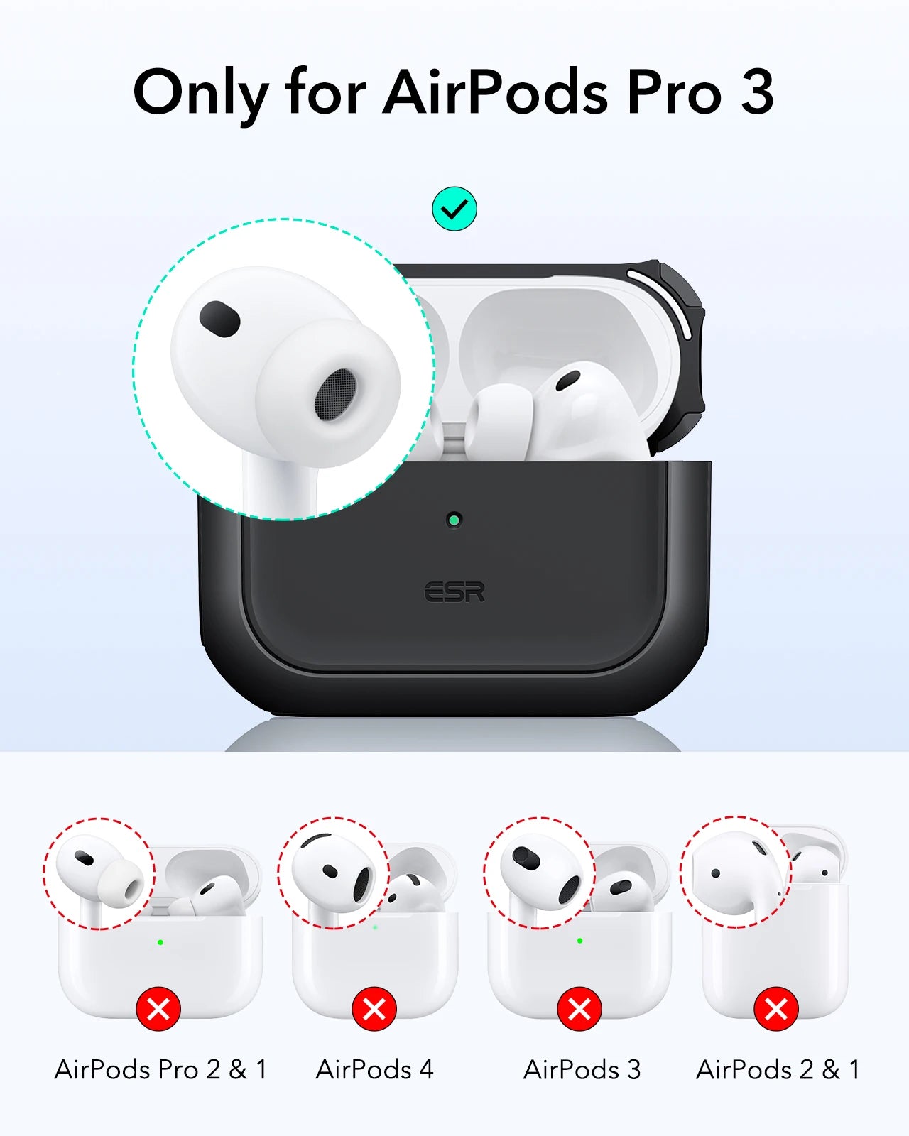 Matte black silicone protective case for AirPods Pro 3. Compatible exclusively with AirPods Pro 3.