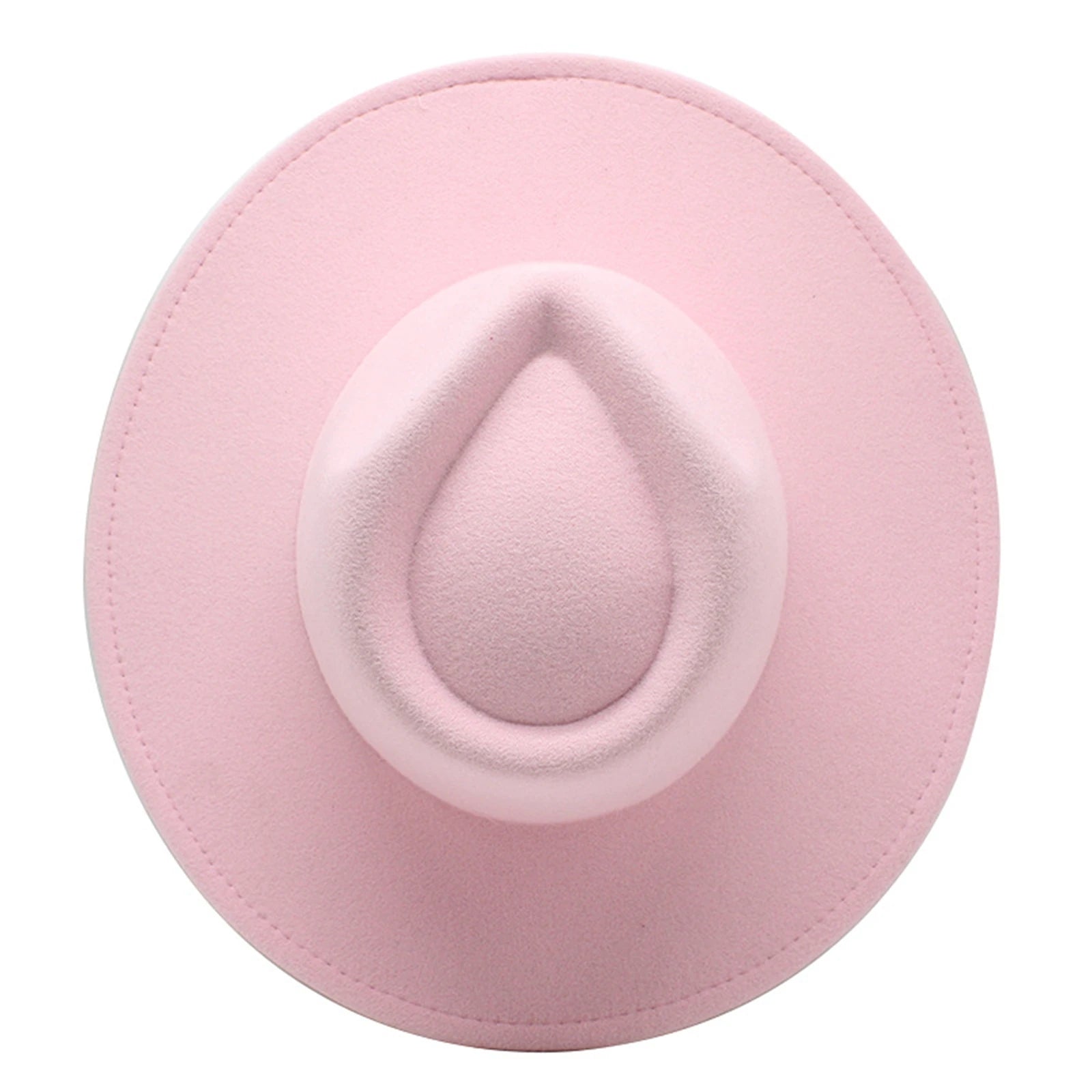 Top-down view of a pale pink, vintage-style felt fedora hat with a wide brim and teardrop-shaped crown.