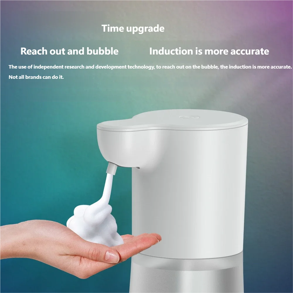 Minimalist white automatic touchless foam soap dispenser, 350ml capacity, dispensing foam onto a hand.