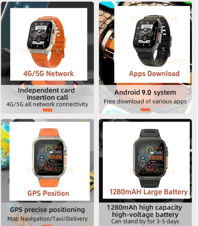 Four 4G Android smartwatches in orange and black, featuring rotating cameras, fitness tracking, and GPS capabilities.