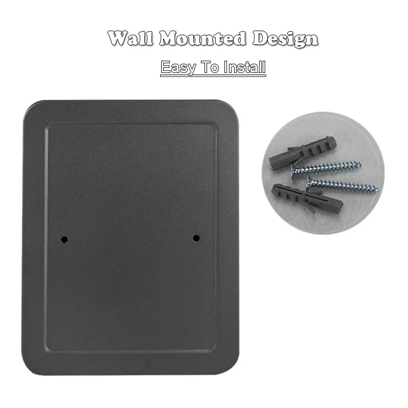 Rectangular grey metal wall-mounted plate with two screw holes, shown alongside two screws and wall anchors.