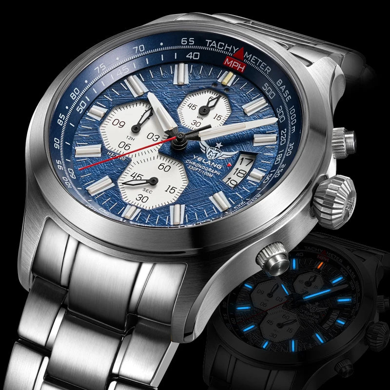 Yelang V1029S stainless steel men's watch with blue textured dial, chronograph sub dials, and luminous hands.