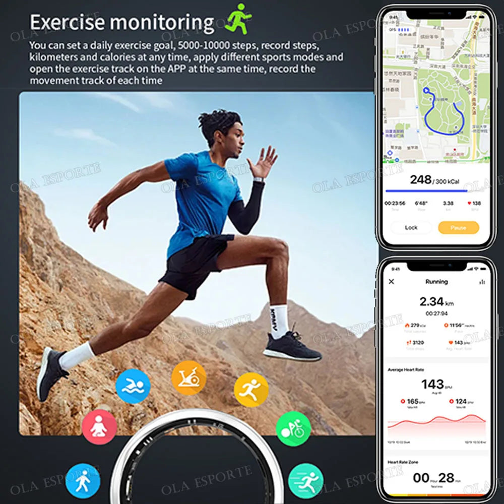 A black waterproof smart health ring shown alongside a runner and mobile app screens tracking exercise and heart rate.