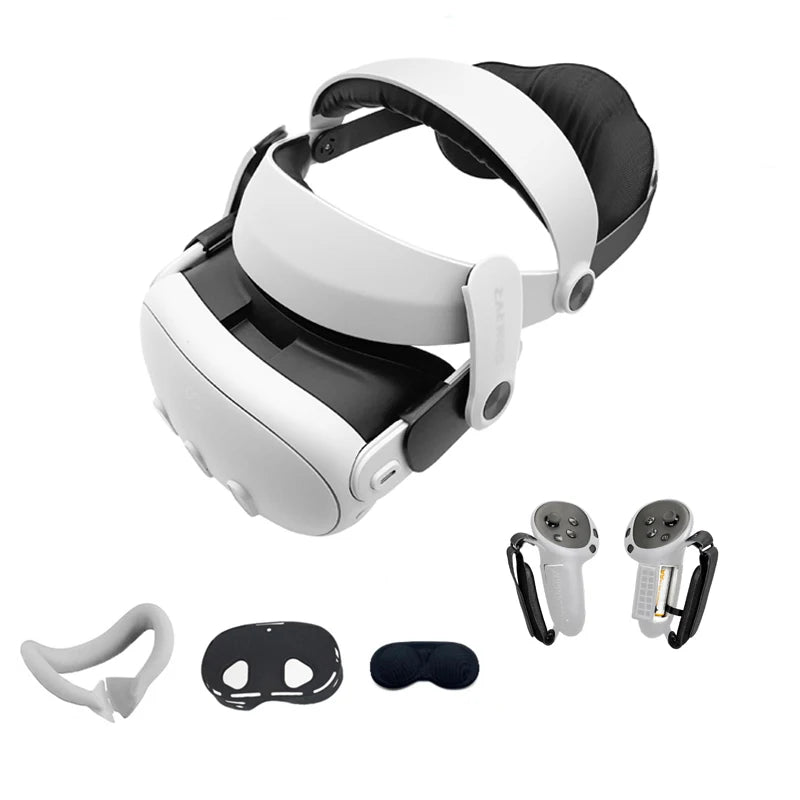 White adjustable halo head strap for Meta Quest 3, shown with controllers, a face interface, and a lens cover.