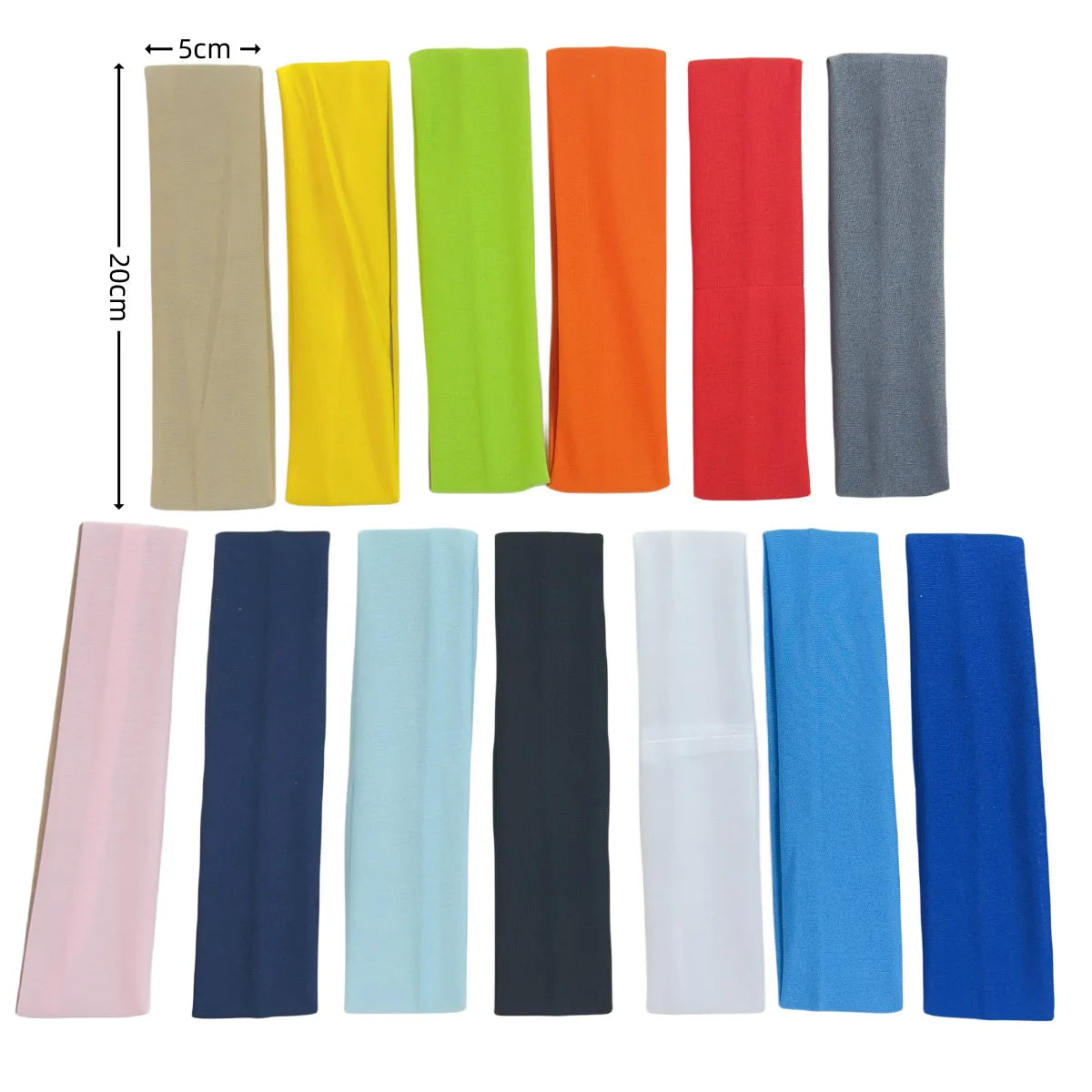 A set of 13 multi-coloured rectangular fabric headbands, measuring 20cm by 5cm, arranged in two rows.