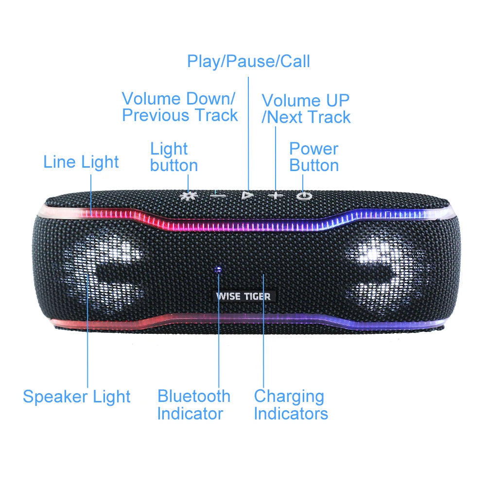 Black portable Bluetooth speaker with vibrant LED light strips and top-mounted playback and volume control buttons.