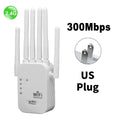 White wireless WiFi signal booster with four external antennas and a US plug.