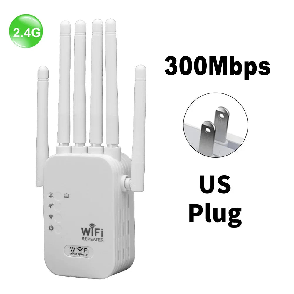 White wireless WiFi signal booster with four external antennas and a US plug.