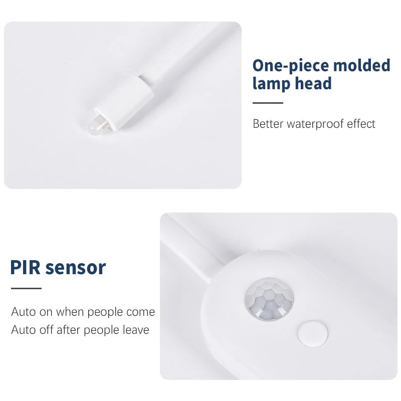 White, waterproof motion-sensor toilet night light featuring a compact, one-piece moulded LED head and PIR sensor.