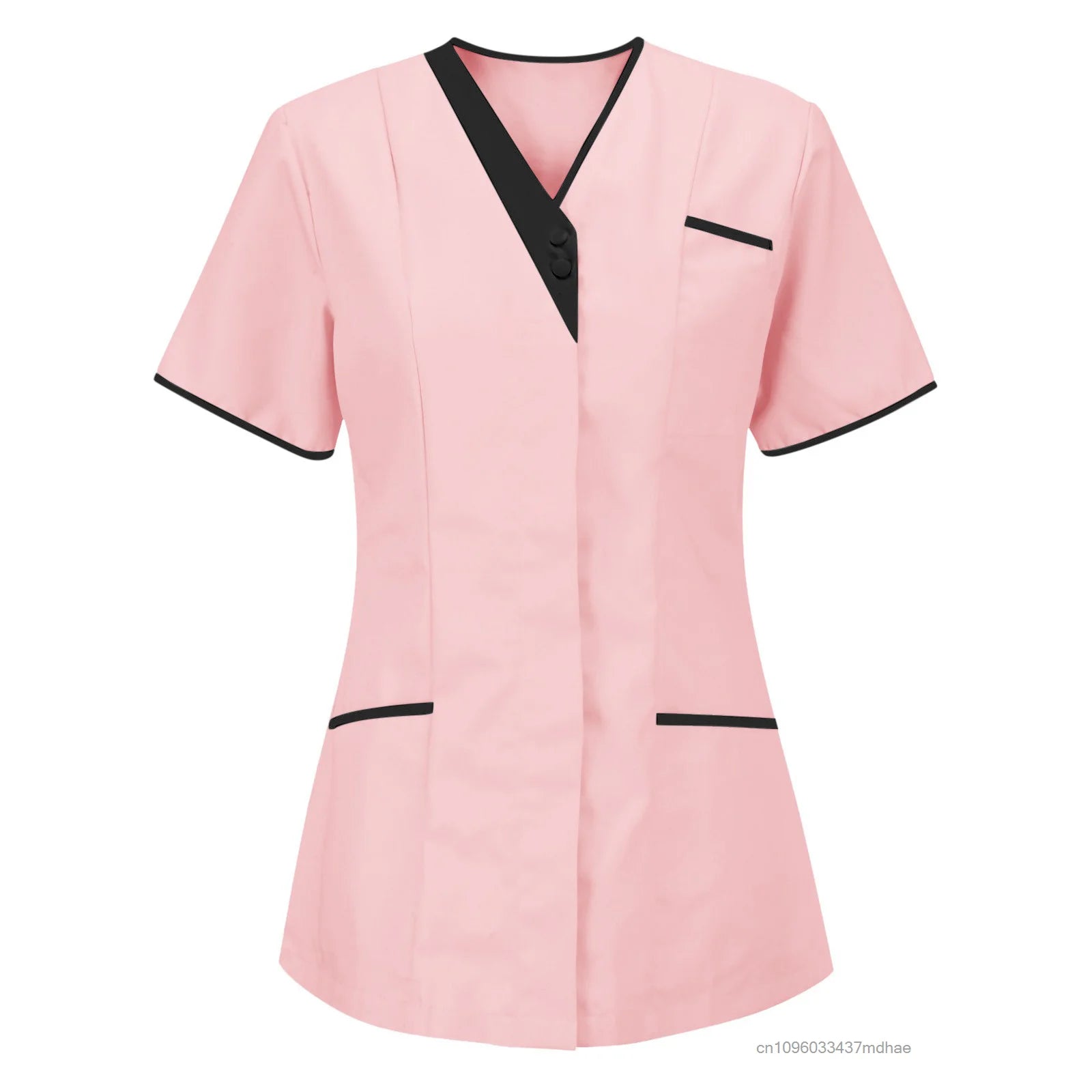 Pink short-sleeved women’s work tunic with a V-neck, black contrast trim, and two side pockets.