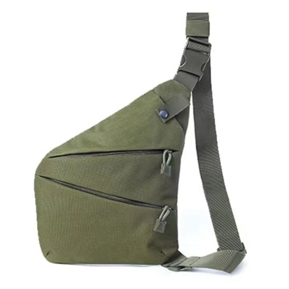 Olive green, lightweight crossbody sling bag with a sleek, minimalist design, adjustable strap and two front zips.