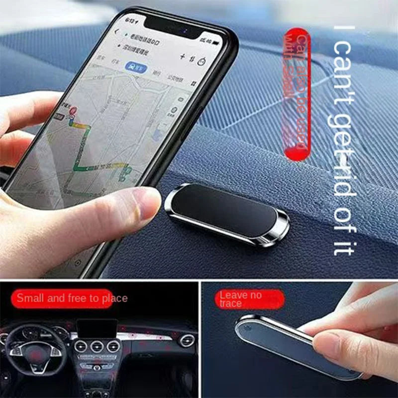 Small black and silver magnetic car phone mount adhered to a vehicle dashboard, shown holding a smartphone.