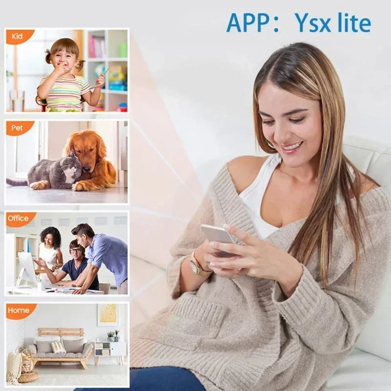 Woman sitting on a sofa looking at a smartphone, with inset images showing surveillance use cases and Ysx Lite app.