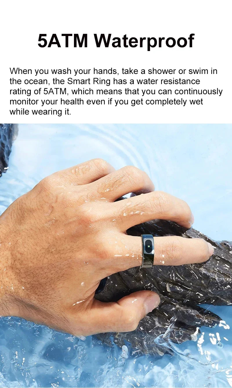 A sleek, black smart fitness ring worn on a hand submerged in water, highlighting its 5ATM waterproof design.
