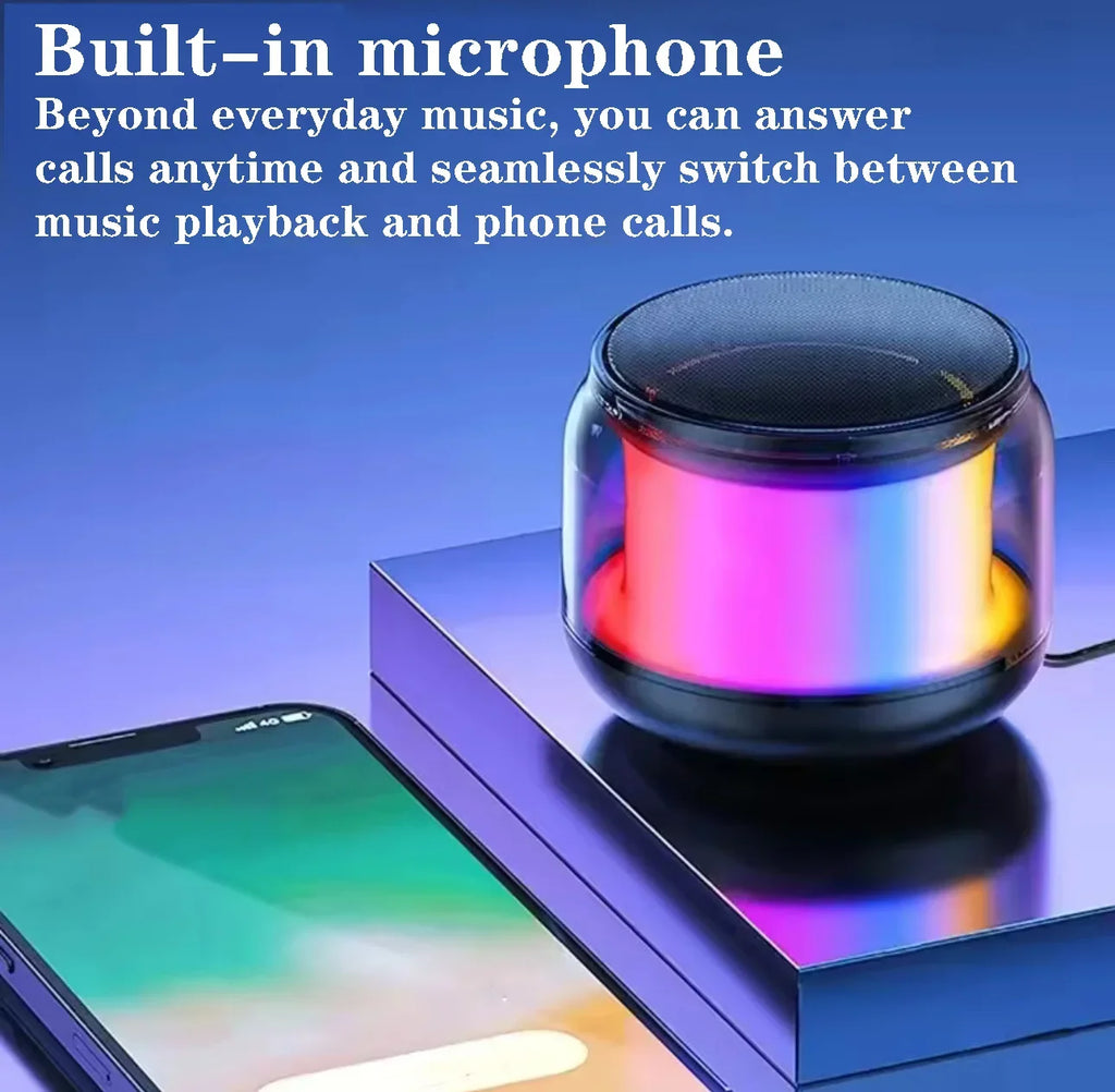 Portable mini wireless speaker with vibrant, multi-coloured LED light and a built-in microphone for hands-free calls.
