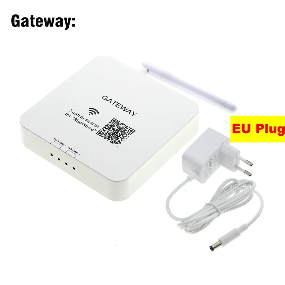 White smart gateway controller with antenna and EU power plug, featuring status lights and a QR code on top.