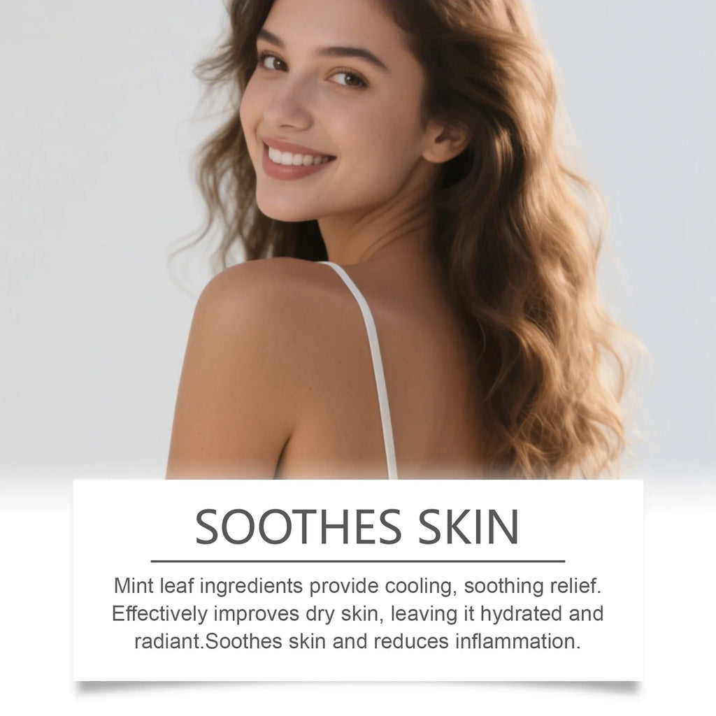 Smiling woman with radiant skin, highlighting mint-infused skincare for cooling, hydrating, and soothing relief.