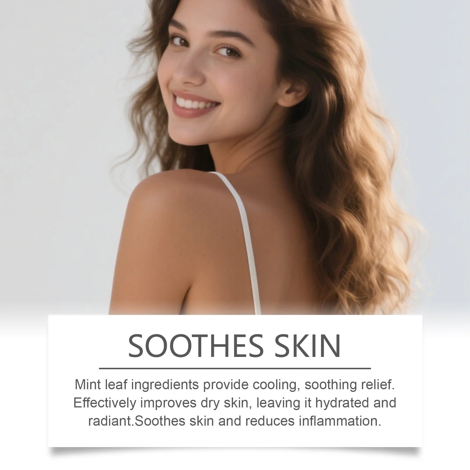 Smiling woman with radiant skin, highlighting mint-infused skincare for cooling, hydrating, and soothing relief.