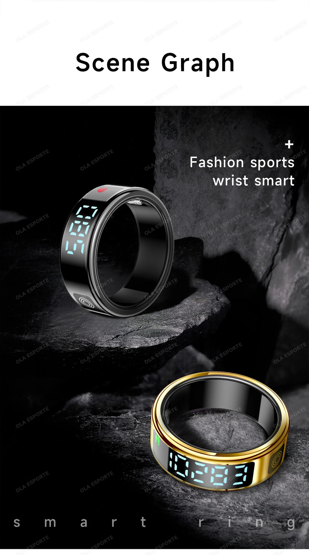 Sleek black and gold smart health rings with digital LED displays, showcasing activity tracking features on stone.