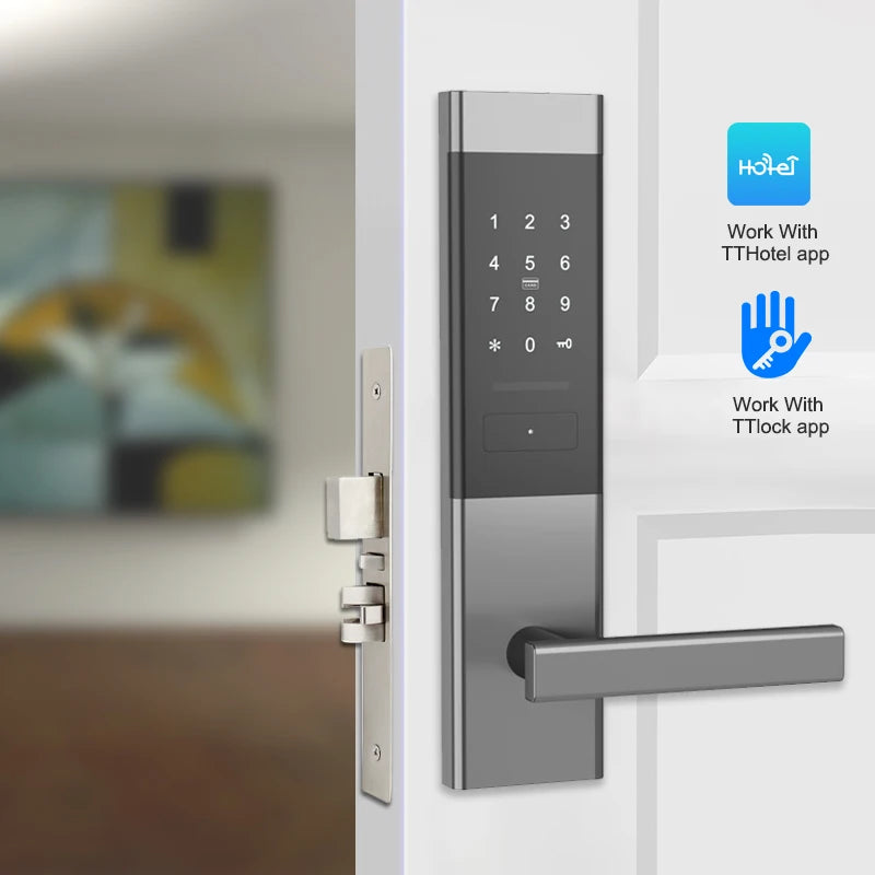 Grey metal smart door handle with a touchscreen numeric keypad, installed on a white door.