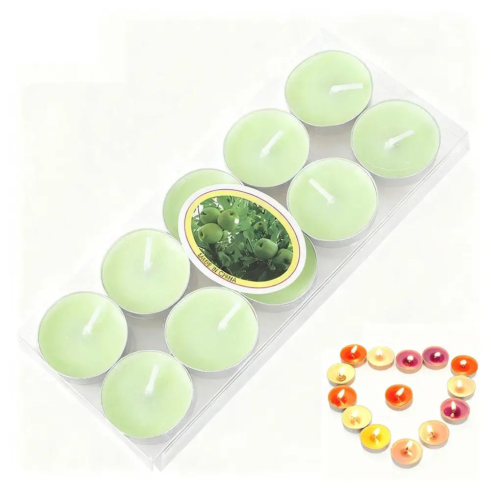 Pack of apple-scented light green tea light candles, displayed with a small heart arrangement of colourful tea lights.