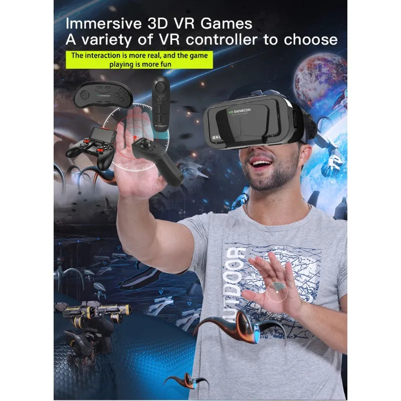 Black smartphone VR gaming headset with various remote controllers, worn by a man in a futuristic space-themed setting.