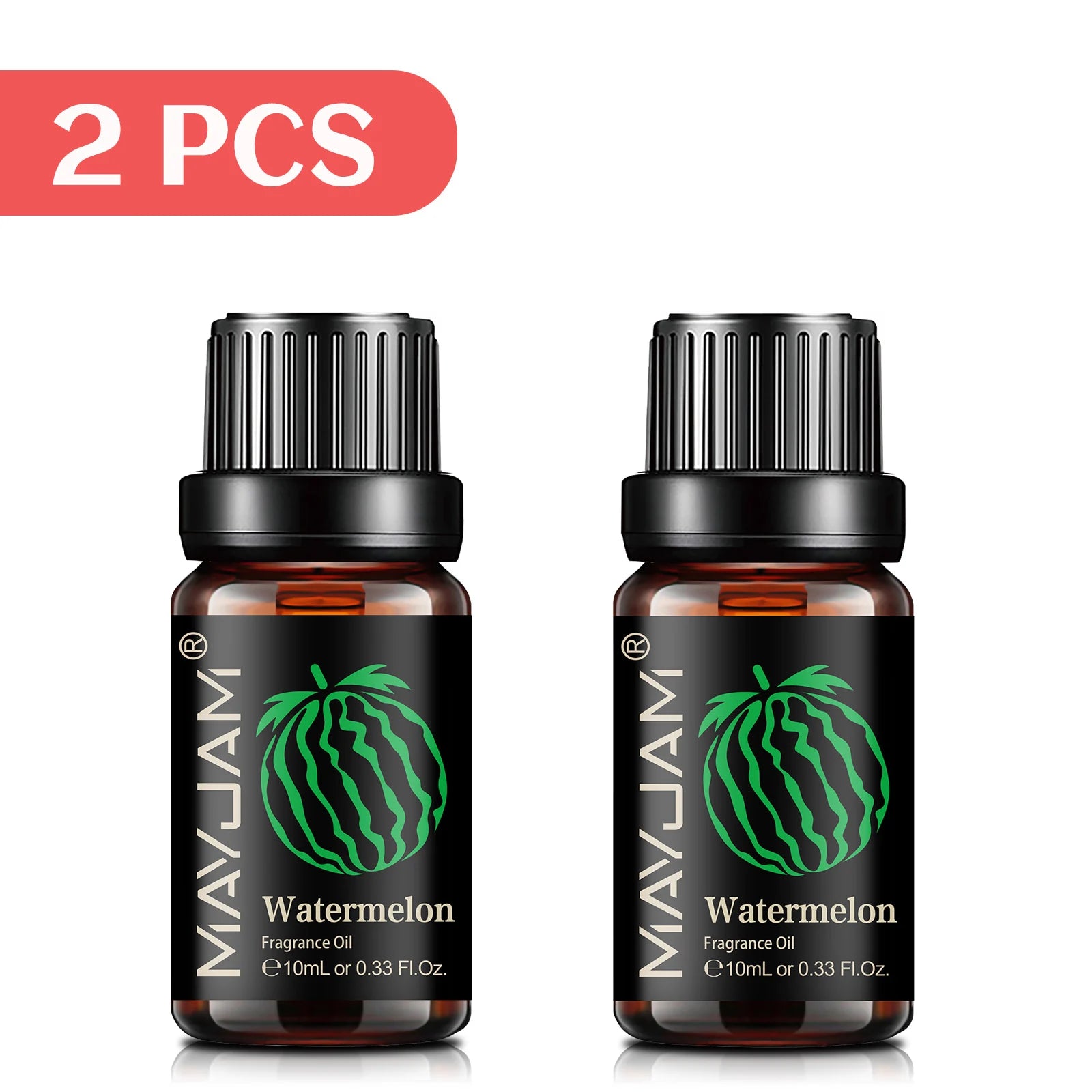 Two 10ml amber glass bottles of watermelon fragrance oil with black caps and watermelon graphic labels.
