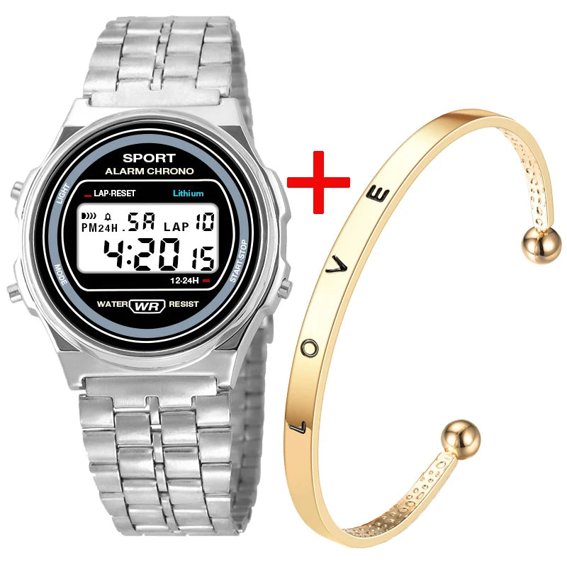 Silver-tone retro digital watch with a black face and a gold-tone cuff bracelet featuring the word 'LOVE'.