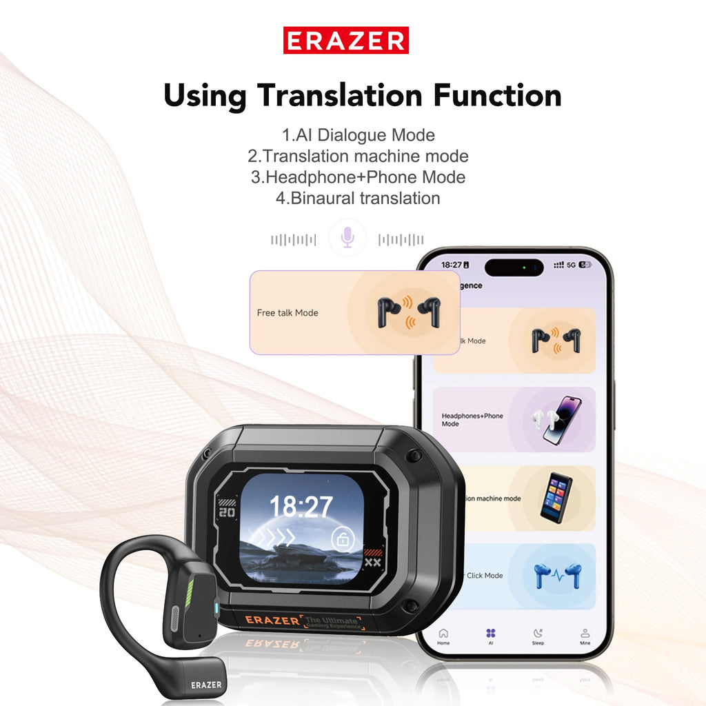 Black wireless open-ear headphones with a charging case featuring a digital display, shown with a translation app UI.