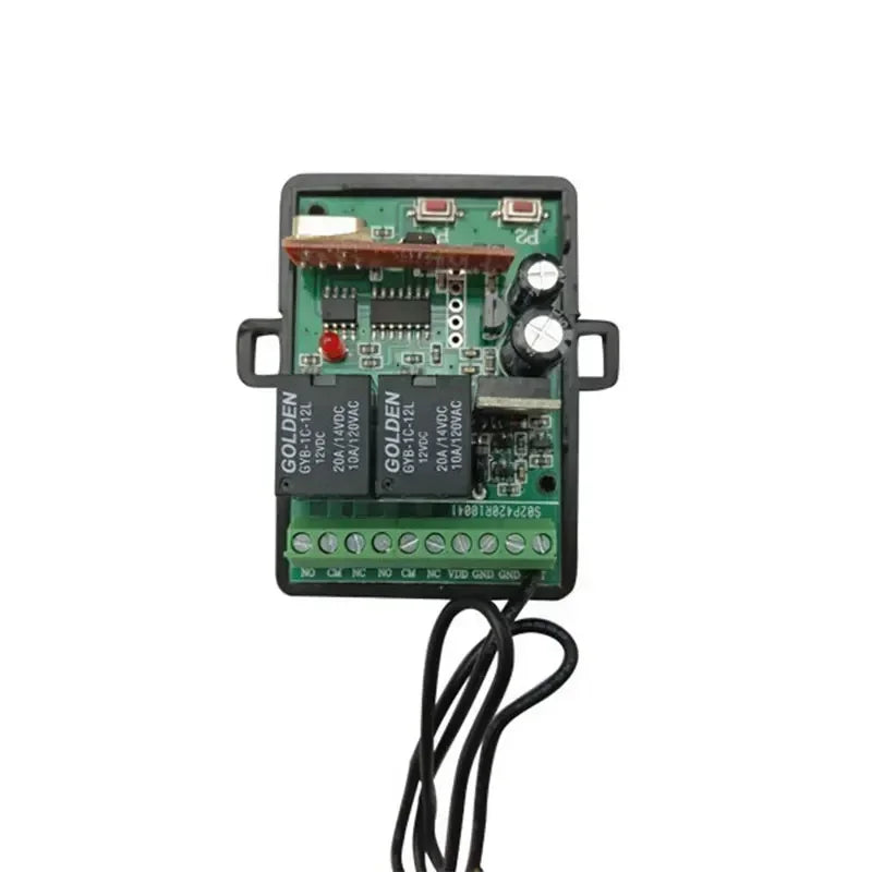 Electronic control circuit board with black plastic housing, two relays, screw terminal block, and attached wire.