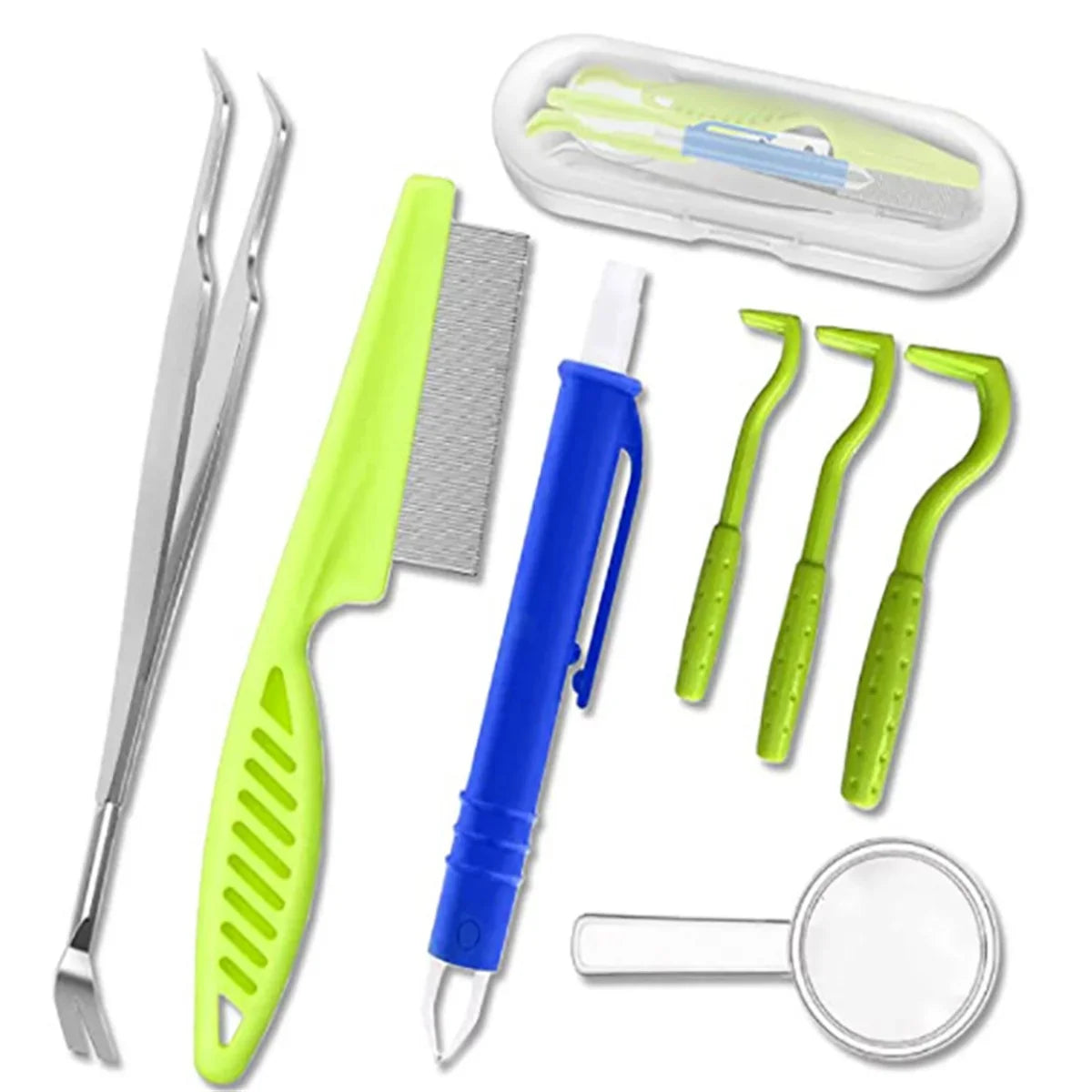 Tick removal kit featuring green and blue tools, including tweezers, a nit comb, tick hooks, and a magnifying glass.